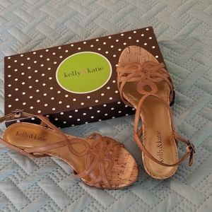 Wedge sandals, tan, size 6.